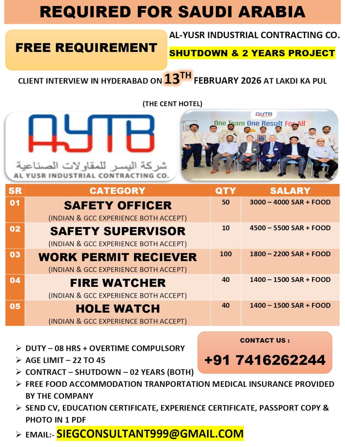SAUDI ARABIA CLIENT INTERVIEW IN HYDERABAD ON 13TH FEBRUARY 2026 (AL-YUSR INDUSTRIAL CONTRACTING COMPANY )