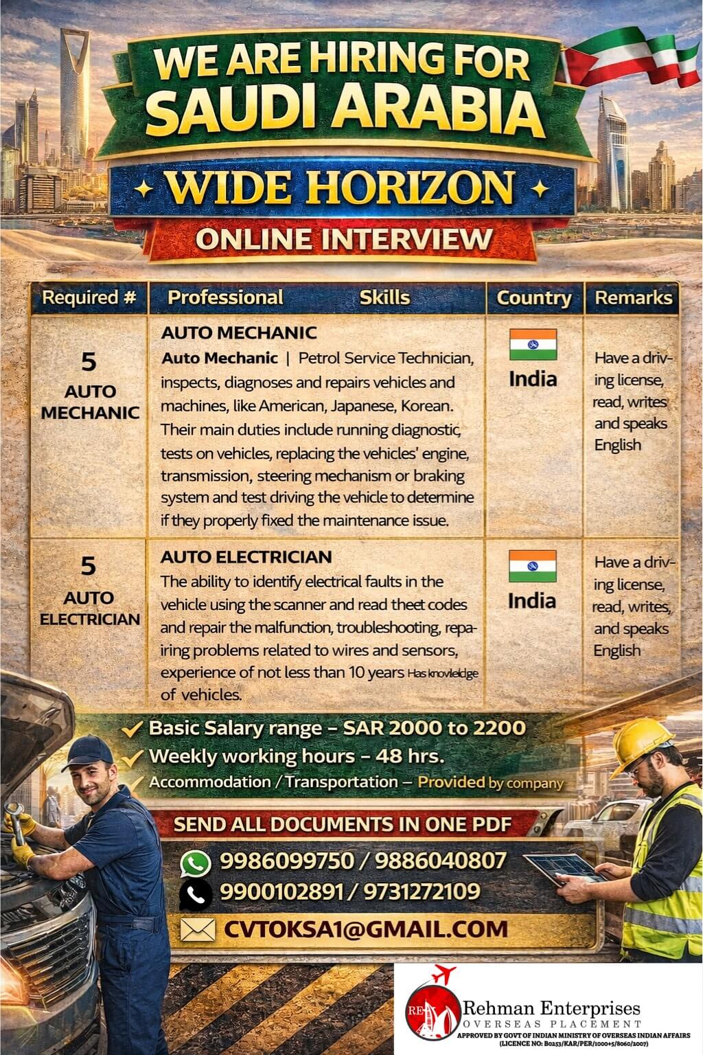 URGENT HIRING FOR SAUDI  ARABIA