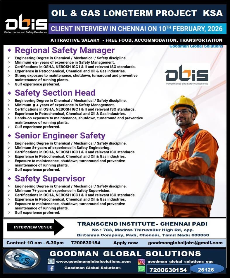 SAUDI ARABIA - OIL & GAS PROJECT ( LONG TERM )  DIRECT CLIENT INTERVIEW IN CHENNAI @10-02-2026