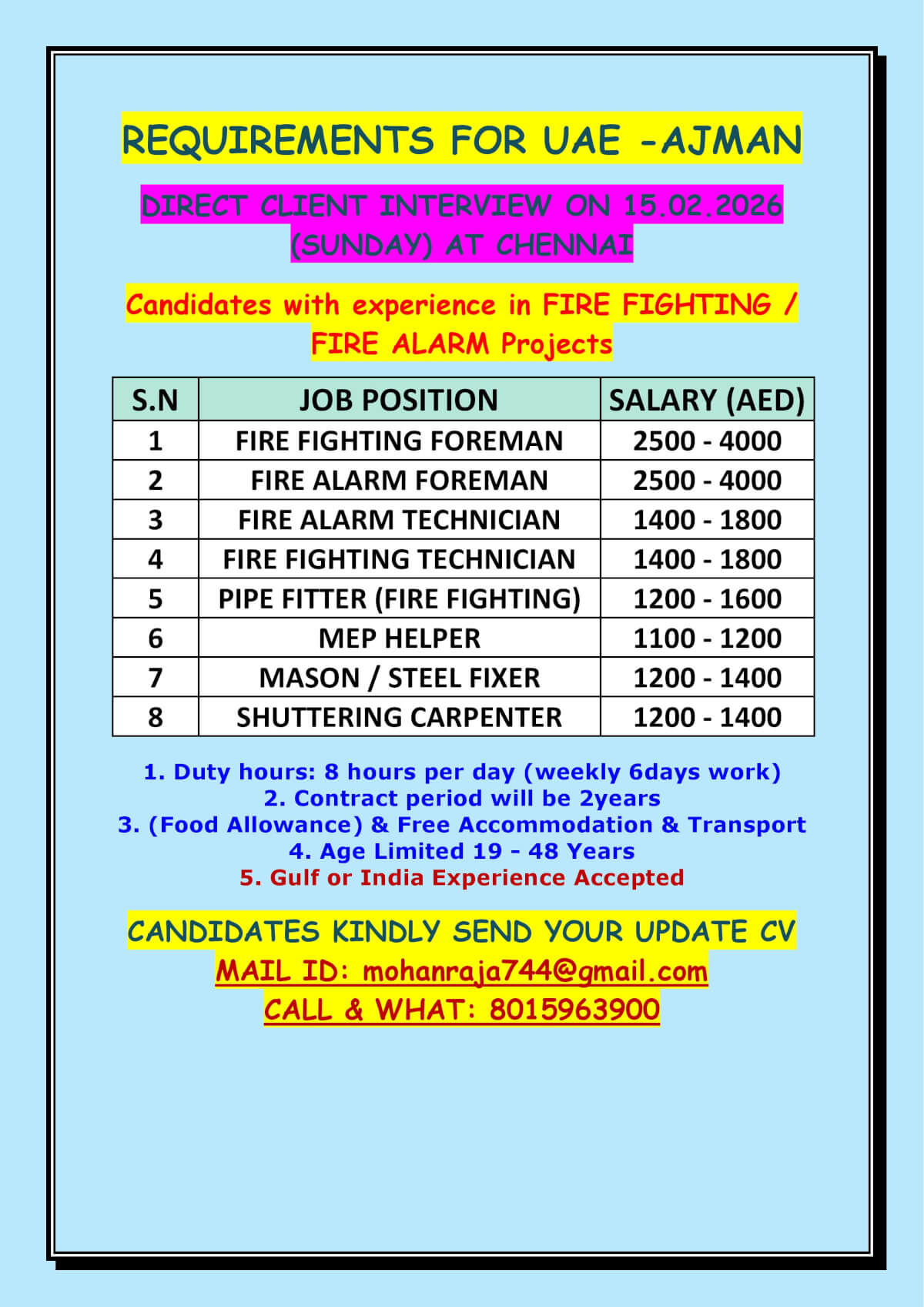 REQUIREMENTS FOR UAE - AJMAN - DIRECT CLIENT INTERVIEW ON 15.02.2026 (SUNDAY) AT CHENNAI