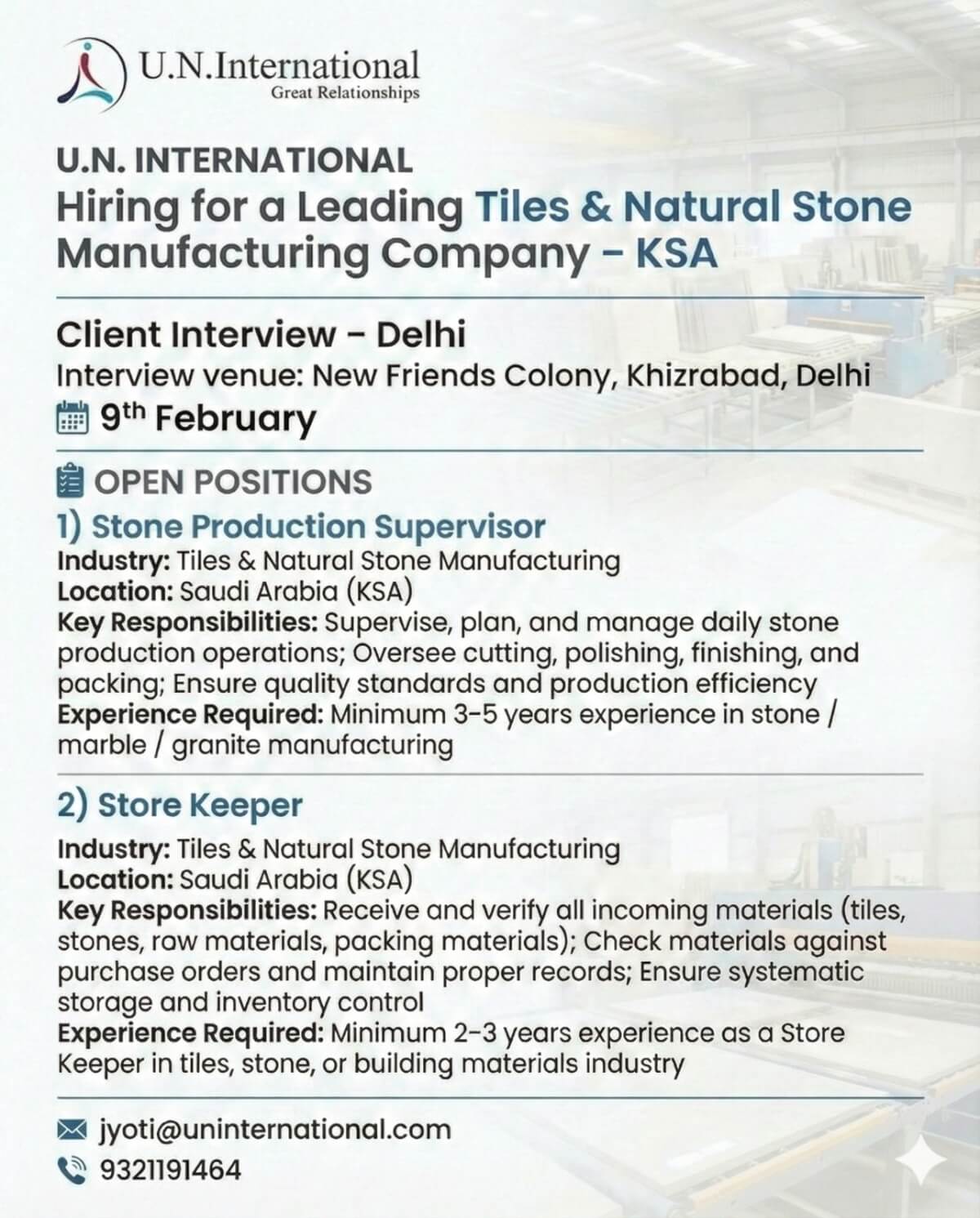 Store Keeper & Stone Production Supervisor Require urgently for F2F Interview in Delhi
