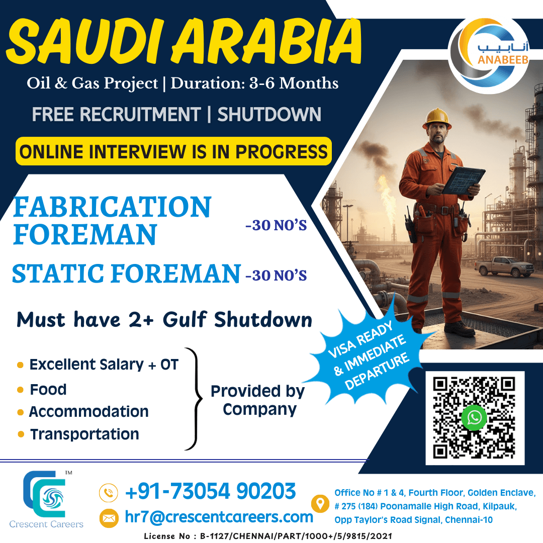 FREE RECRUITMENT - PIPE FABRICATOR / STATIC FOREMAN