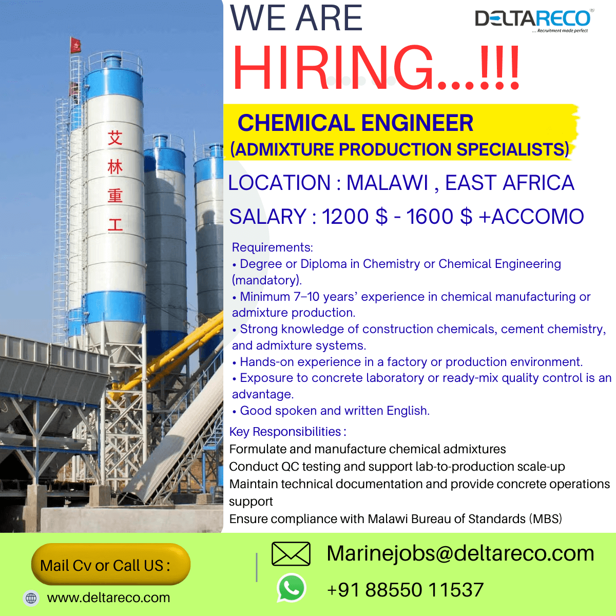 Chemical Engineer   (Admixture Production Specialists)  Malawi