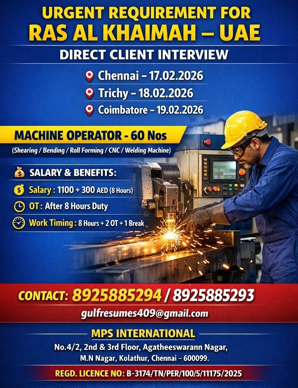 URGENT REQUIREMENT FOR RAS AL KHAIMAH – UAE  DIRECT CLIENT INTERVIEW  AT Chennai – 17.02.2026 AT Trichy – 18.02.2026 AT Coimbatore – 19.02.2026