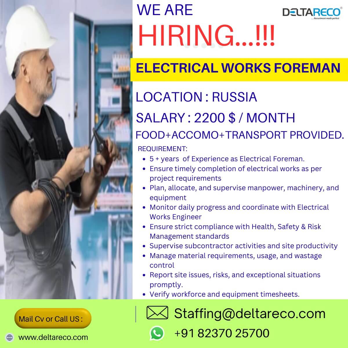 Hiring Electrician Electrical Foreman for  Russia