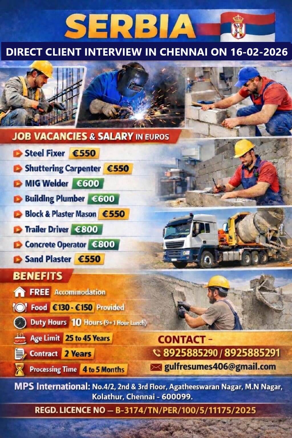 REQUIREMENT FOR SERBIA DIRECT CLIENT INTERVIEW IN CHENNAI ON 16.02.2026