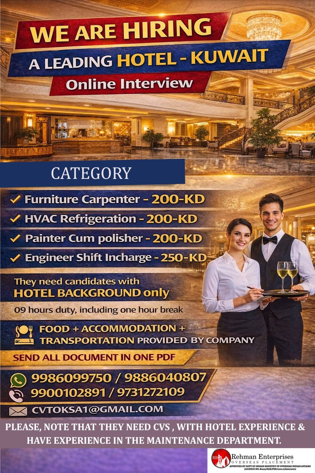 HIRING FOR LEADING HOTEL IN KUWAIT