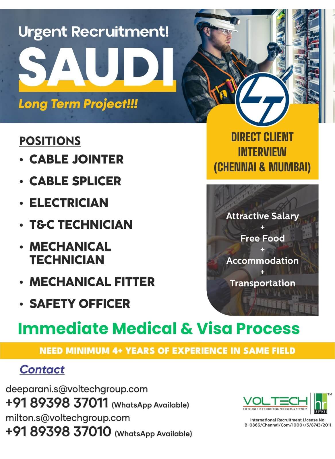 Immediate requirement in Saudi Arabia