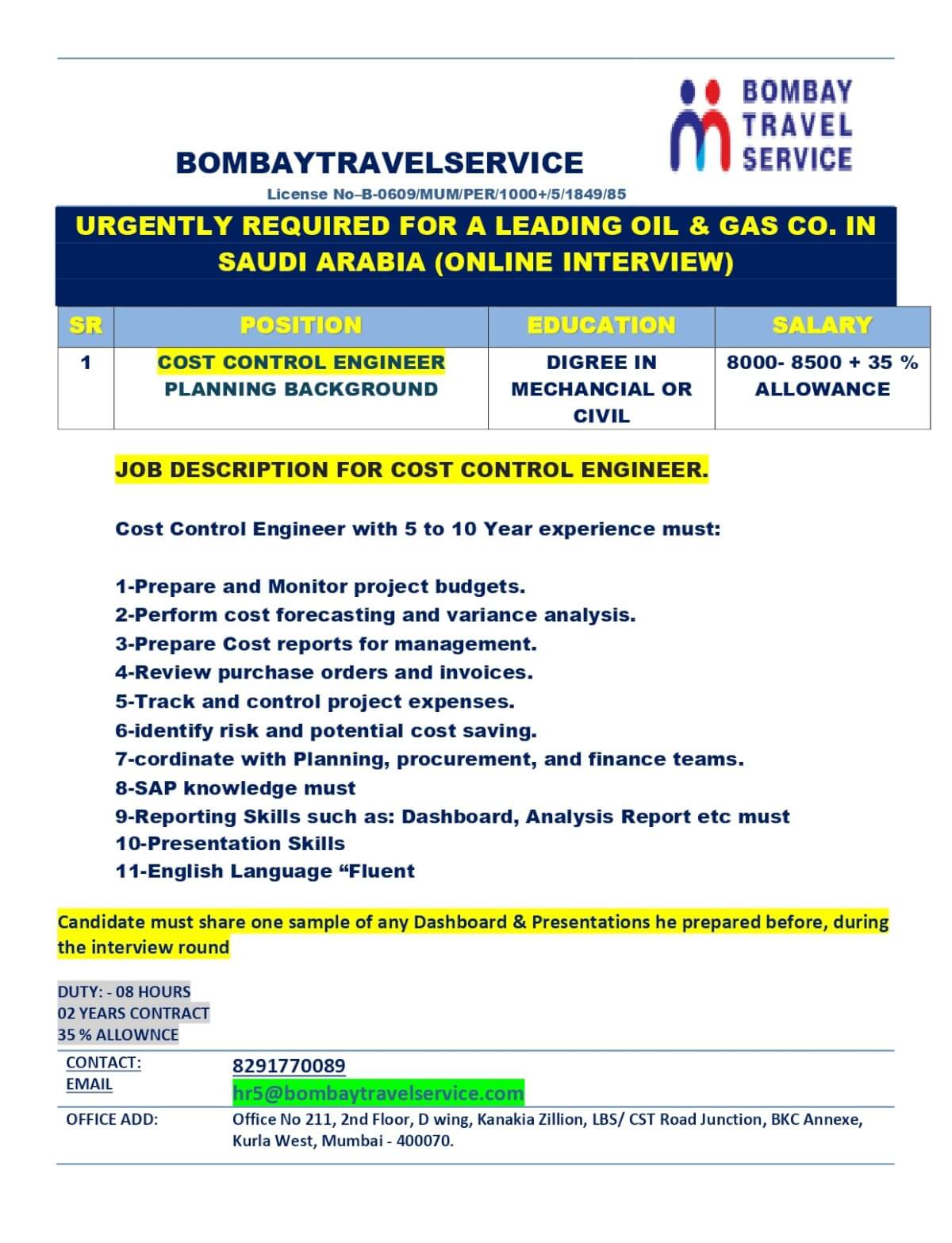 COST CONTROL ENGINEER FOR SAUDI ARABIA