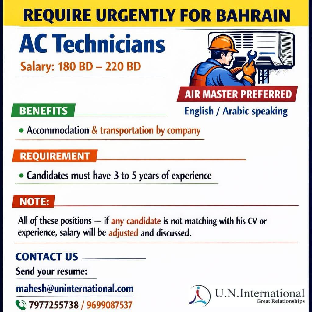 ? Urgent Hiring for Bahrain ??  We are looking for experienced AC Technicians for a reputed company in Bahrain. ? Salary: 180–220 BD ? Accommodation & Transportation provided by company ? 3–5 years experience required ? English / Arabic speaking prefe