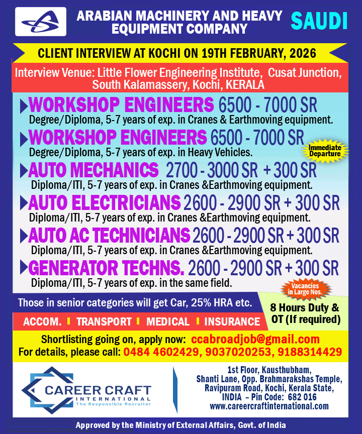 Client Interview at Kochi on 19th February, 2026 for Saudi -