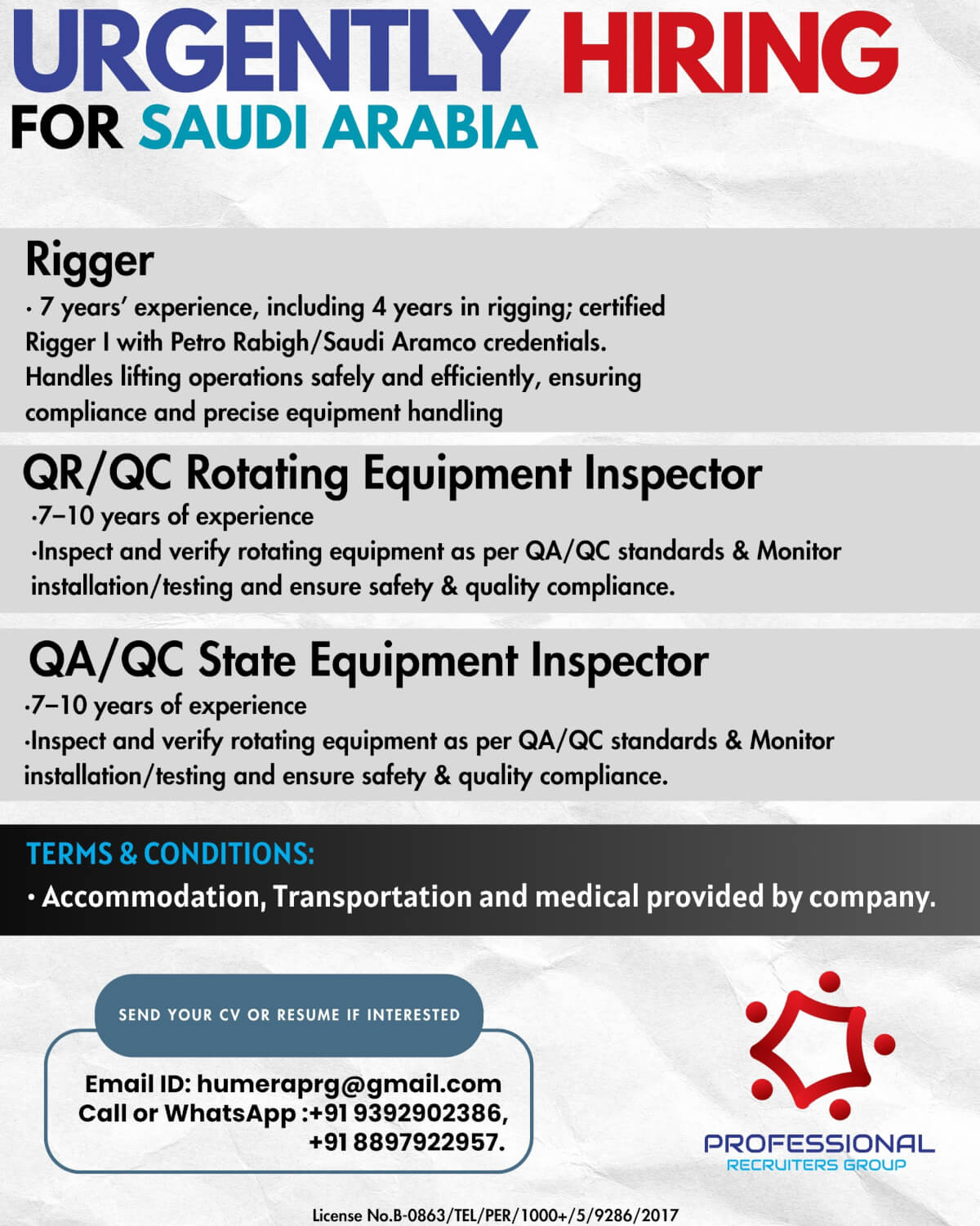 We are looking for experienced professionals for Sankyu Saudi Arabia