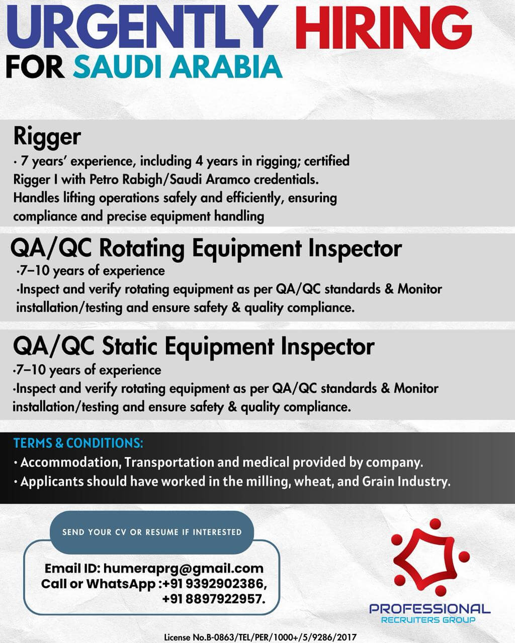 We are looking for experienced professionals for Sankyu Saudi Arabia
