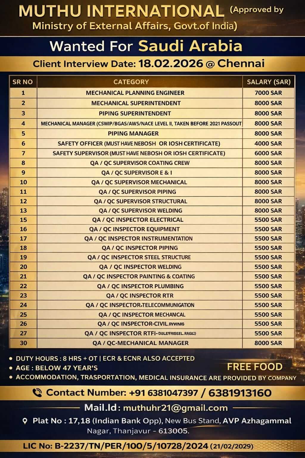 WANTED FOR SAUDI ARABIA