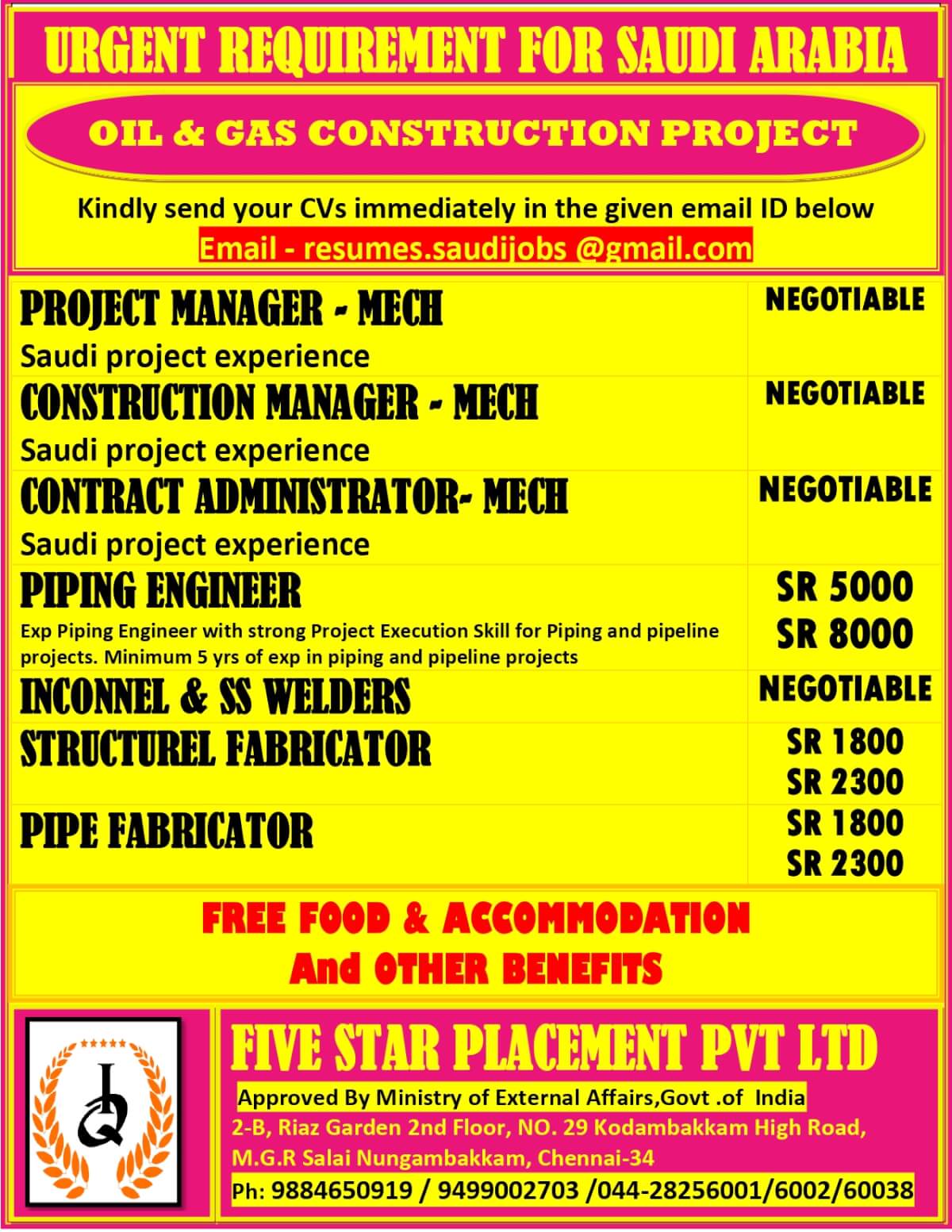 URGENTLY REQUIRED FOR SAUDI ARABIA