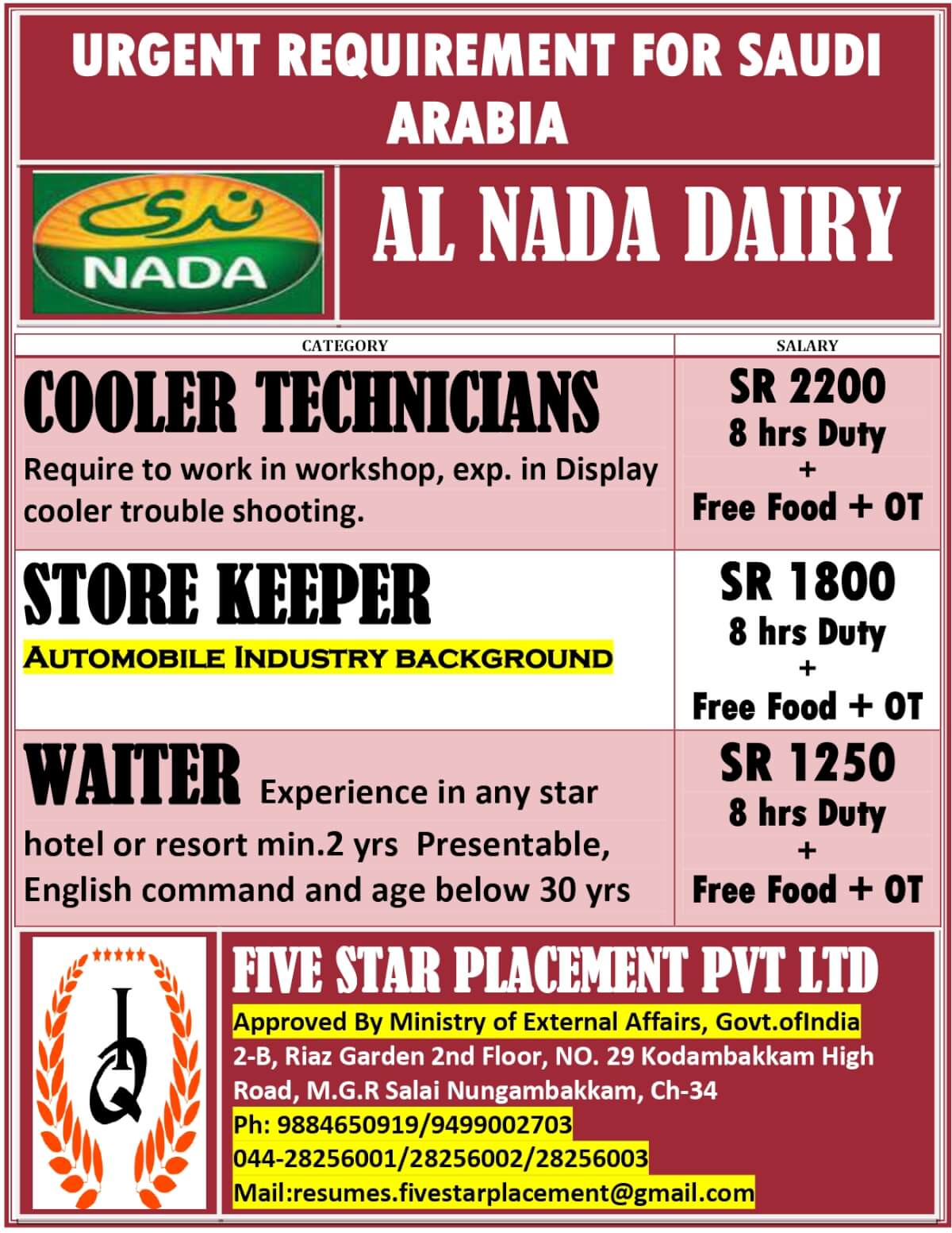 URGENTLY REQUIRED FOR SAUDI ARABIA