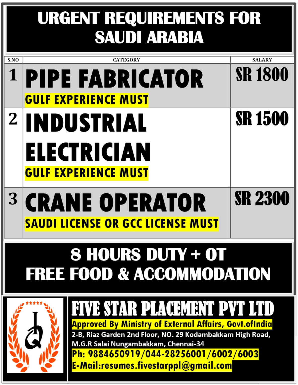 URGENTLY REQUIRED FOR SAUDI ARABIA