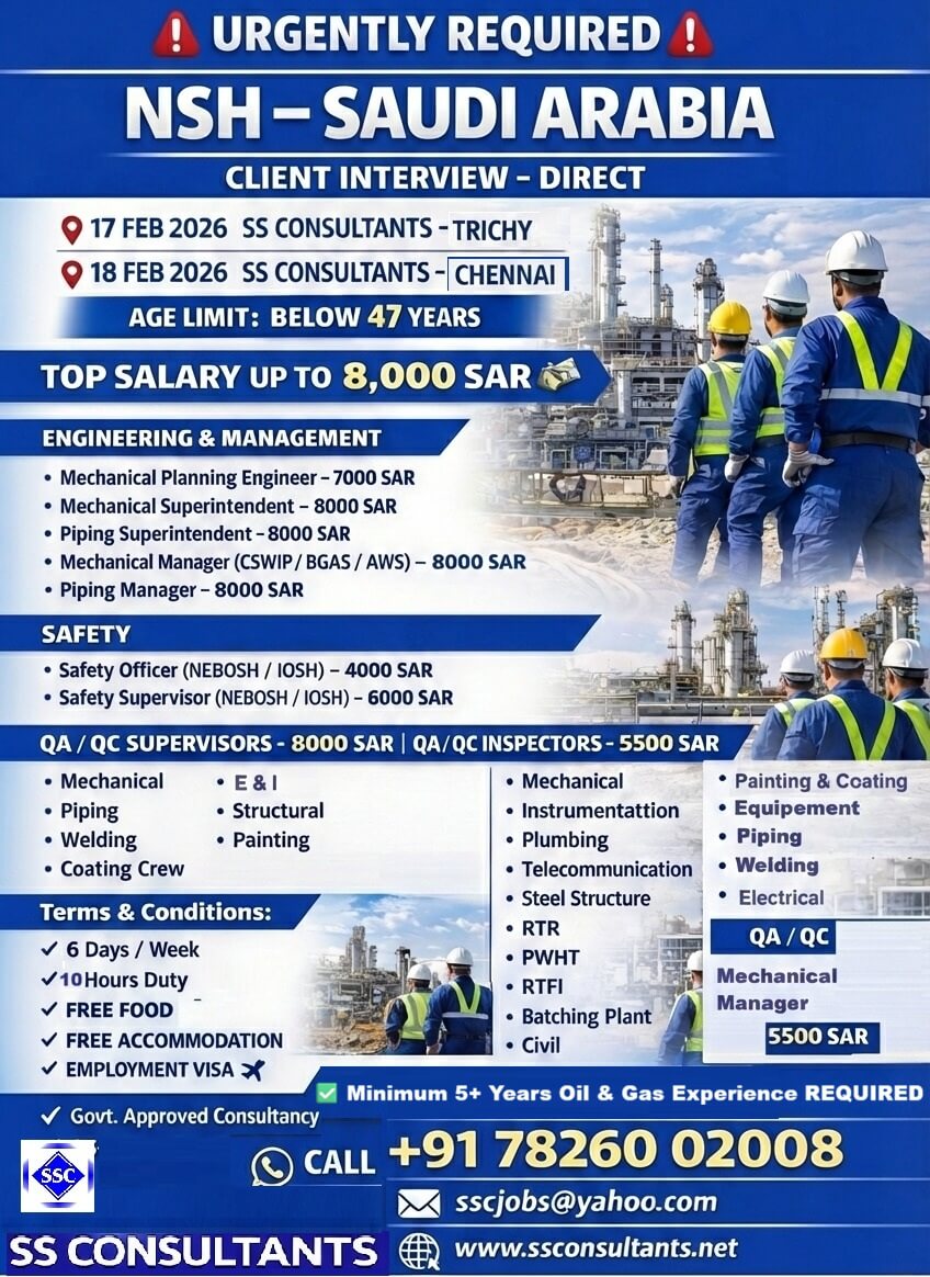 Urgent Saudi Arabia Jobs 2026 | Oil & Gas Engineers, QA/QC & Safety Roles – SS Consultants