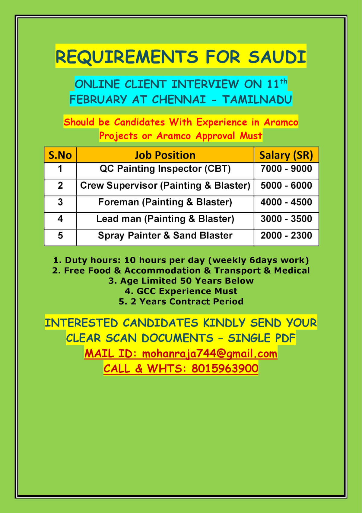 REQUIREMENTS FOR SAUDI  - ONLINE CLIENT INTERVIEW ON 11th FEBRUARY AT CHENNAI - TAMILNADU