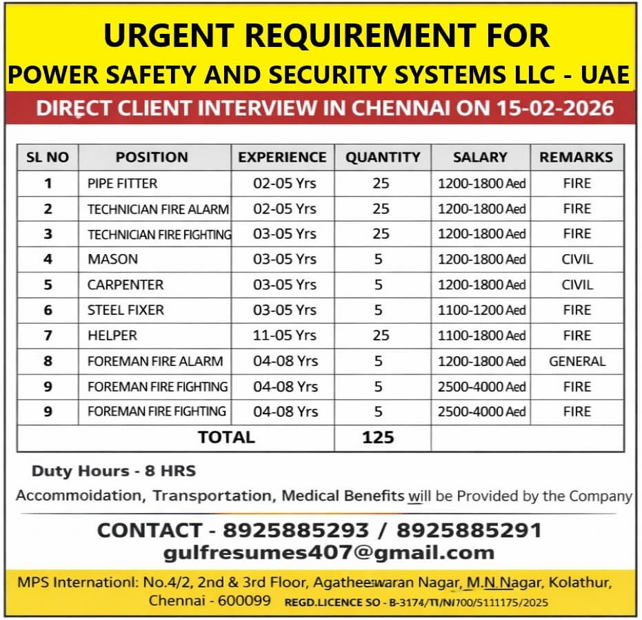 URGENT REQUIREMENT FOR POWER SAFETY AND SECURITY SYSTEMS LLC – UAE  DIRECT CLIENT INTERVIEW IN CHENNAI ON 15-02-2026