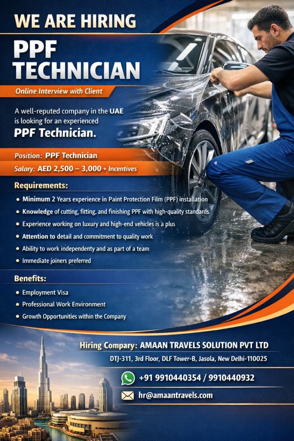 We Are Hiring – PPF Technician for UAE