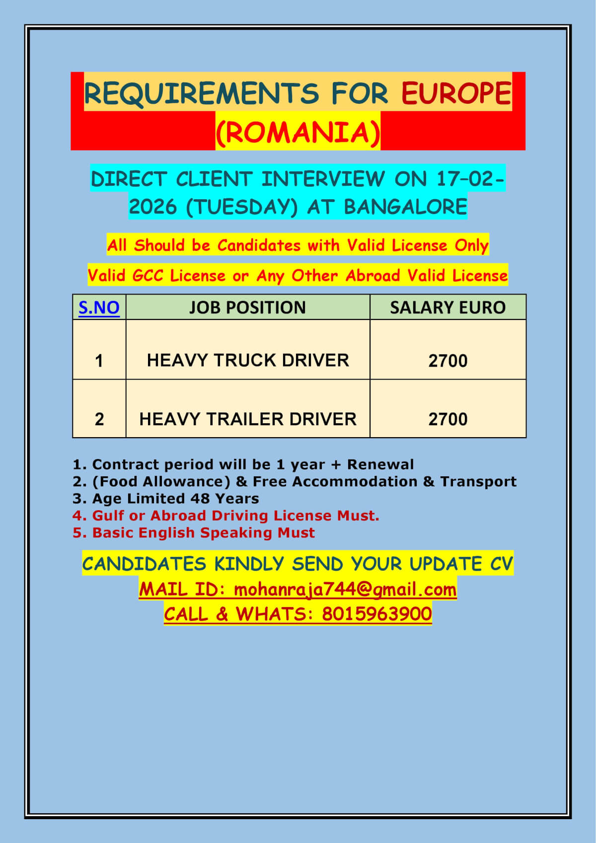 REQUIREMENTS FOR EUROPE (ROMANIA) - DIRECT CLIENT INTERVIEW ON 17–02-2026 (TUESDAY) AT BANGALORE