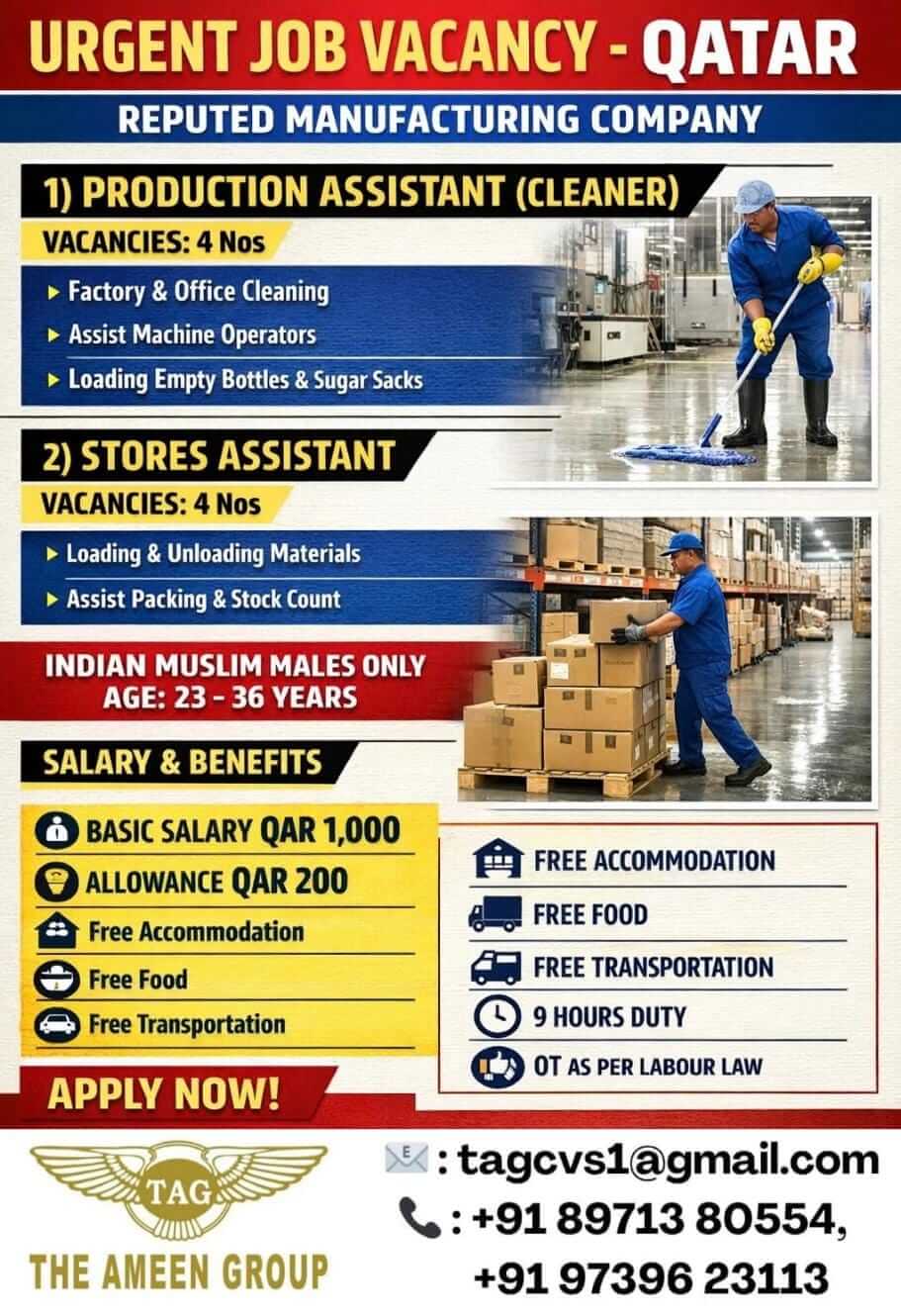 Urgently Required – Production Assistants & Stores Assistants – Qatar