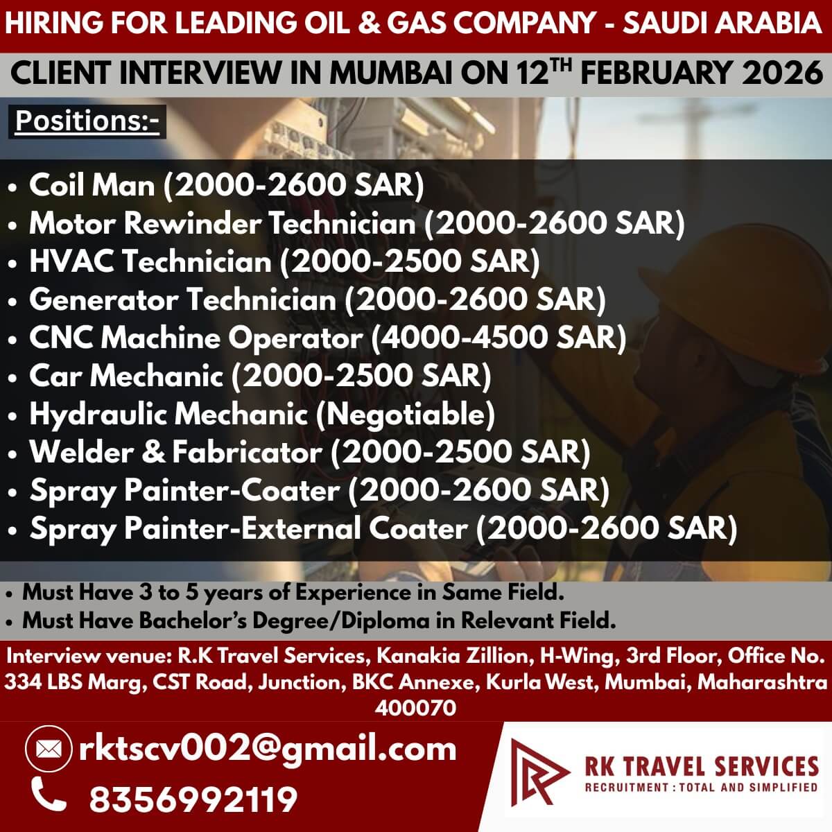 HIRING FOR LEADING OIL & GAS COMPANY - SAUDI ARABIA CLIENT INTERVIEW IN MUMBAI ON 12TH FEBRUARY 2026