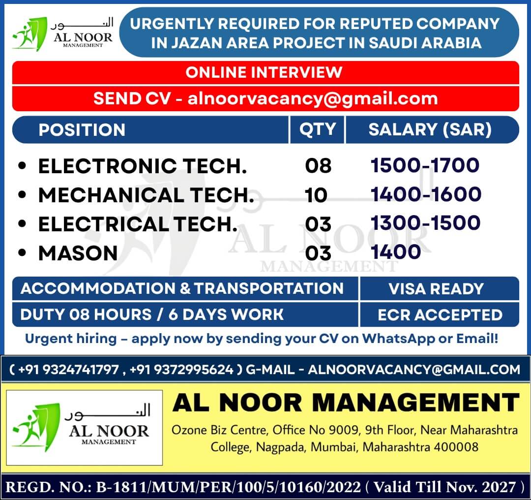 URGENTLY REQUIRED FOR FIRST ENGINEERING COMPANY IN SAUDI ARABIA