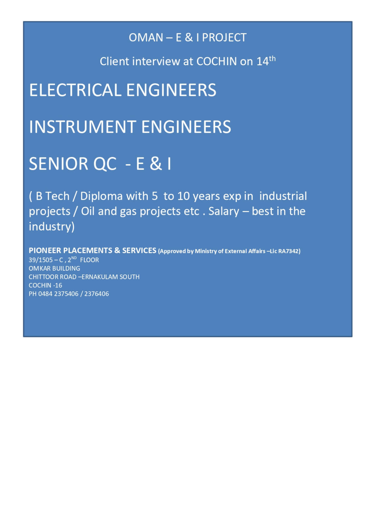 EELECTRICAL / INSTRUMENTATION ENGINEERS
