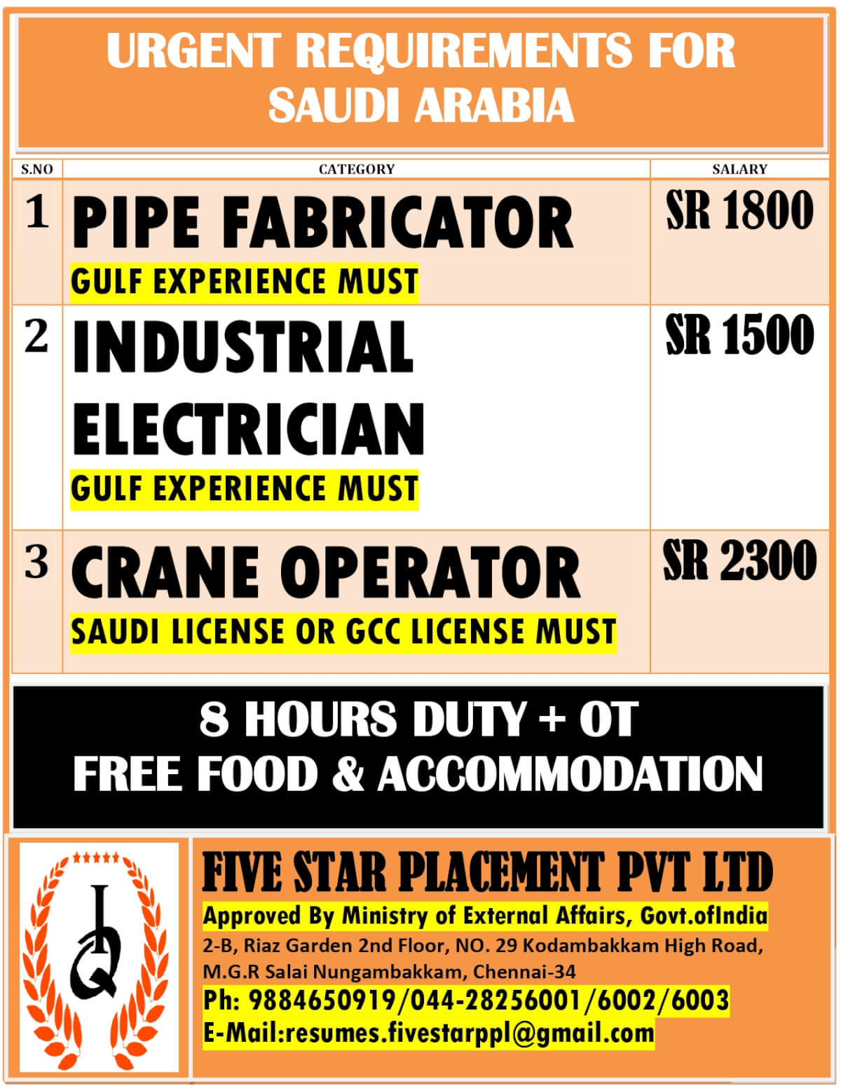 URGENTLY REQUIRED FOR SAUDI ARABIA