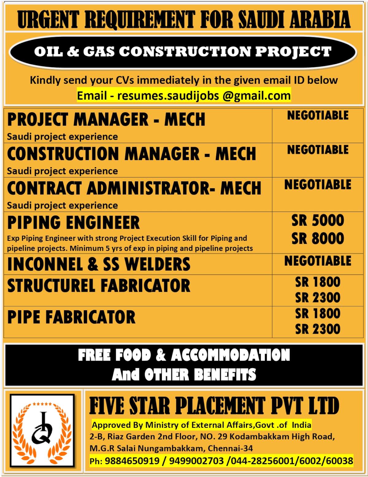 URGENTLY REQUIRED FOR SAUDI ARABIA