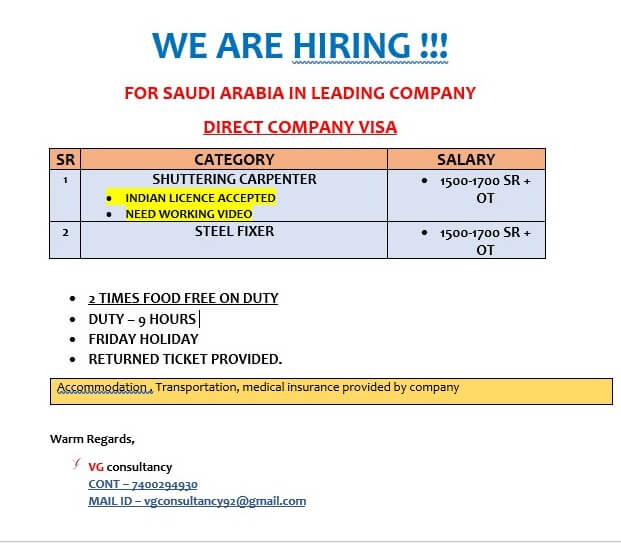 WE ARE HIRING FOR SAUDI ARABIA