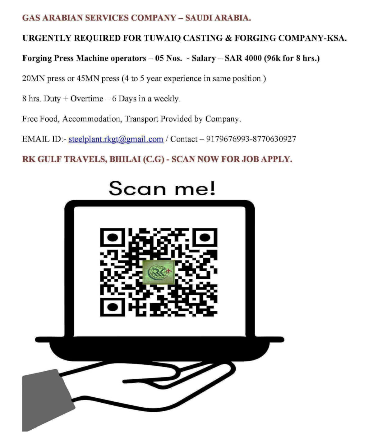 HIRING FOR A GAS ARABIA COMPANY FOR THEIR TUWAIQ STEEL - KSA