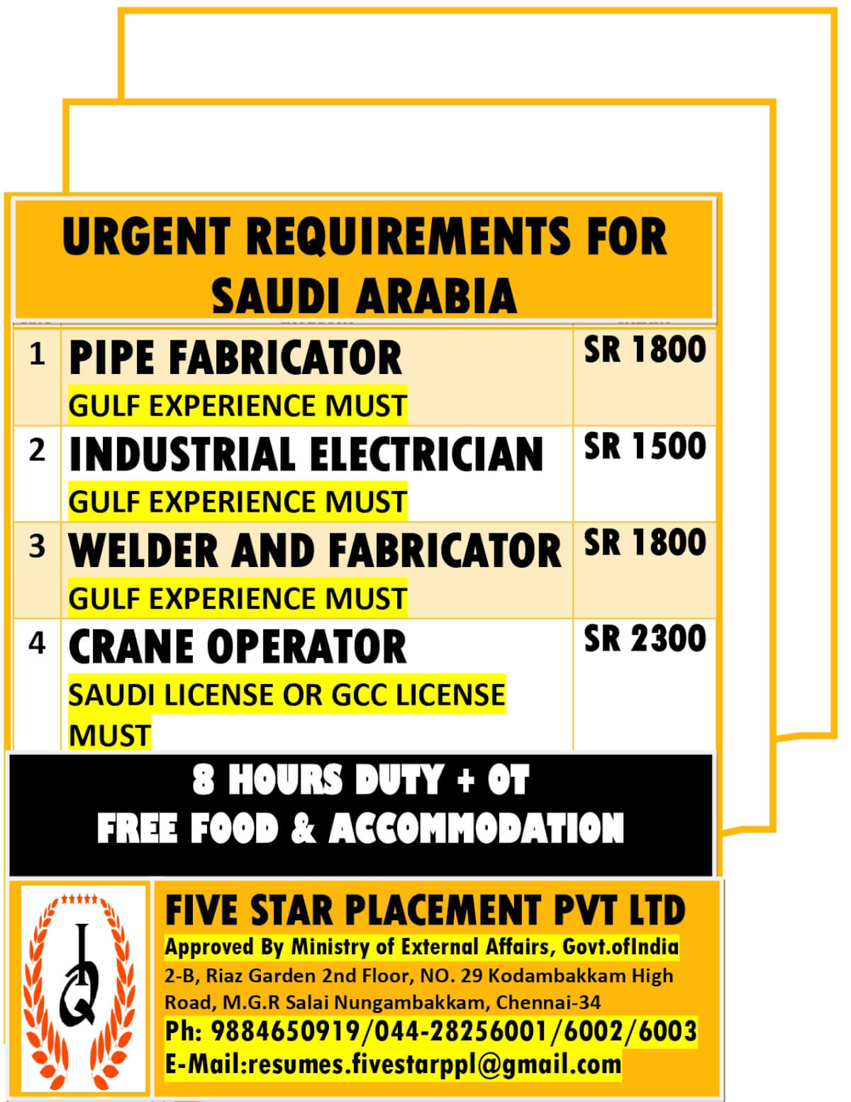 URGENTLY REQUIRED FOR SAUDI ARABIA