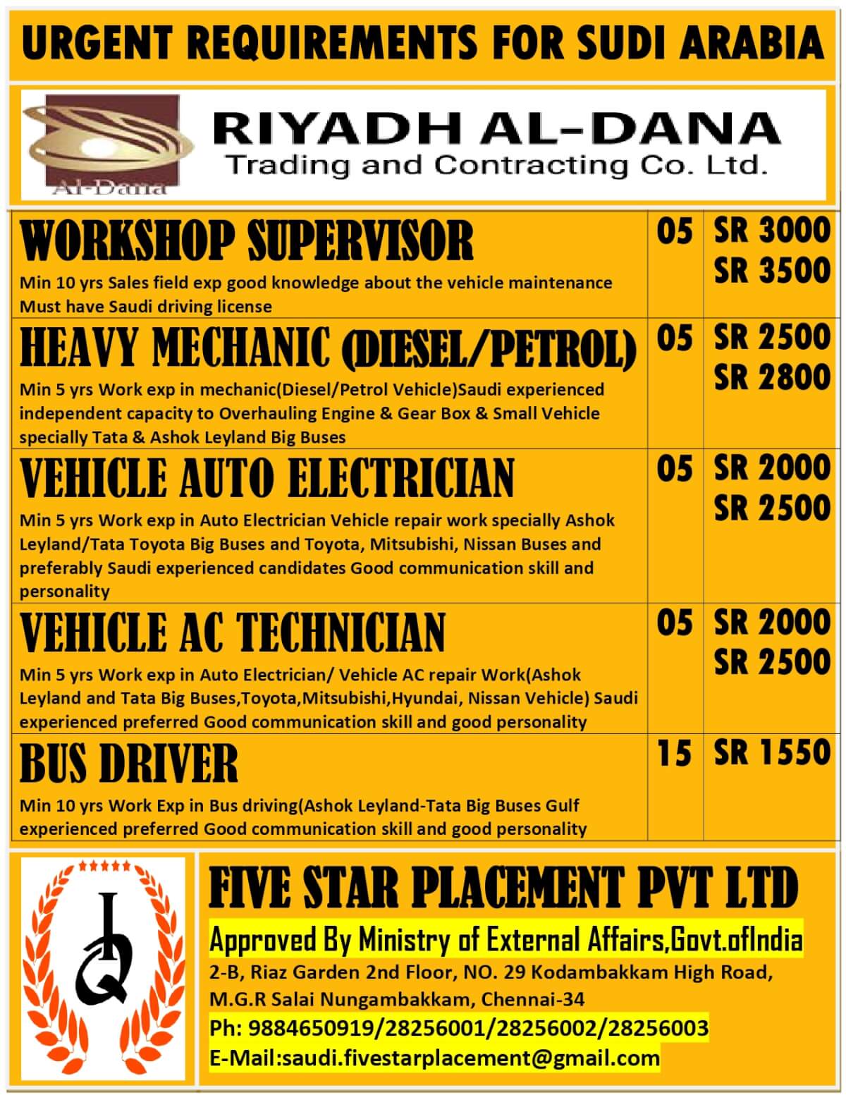 URGENTLY REQUIRED FOR SAUDI ARABIA