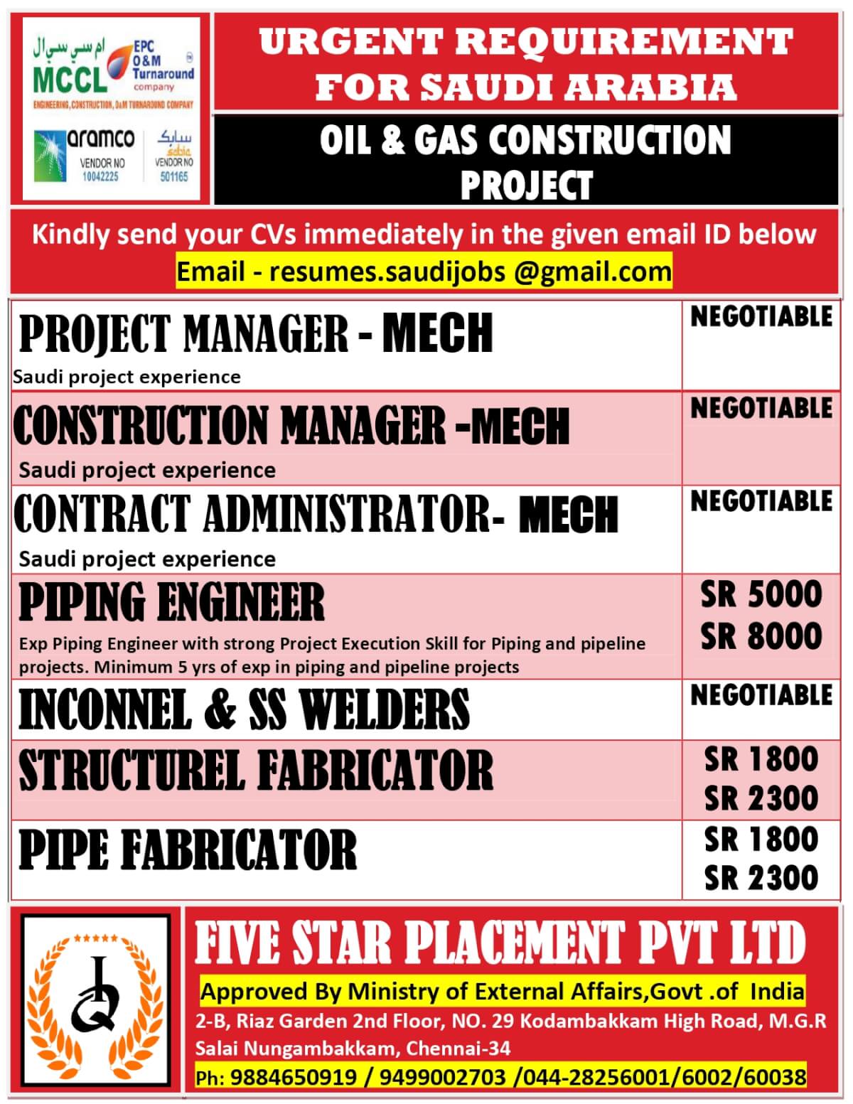 URGENTLY REQUIRED FOR SAUDI ARABIA