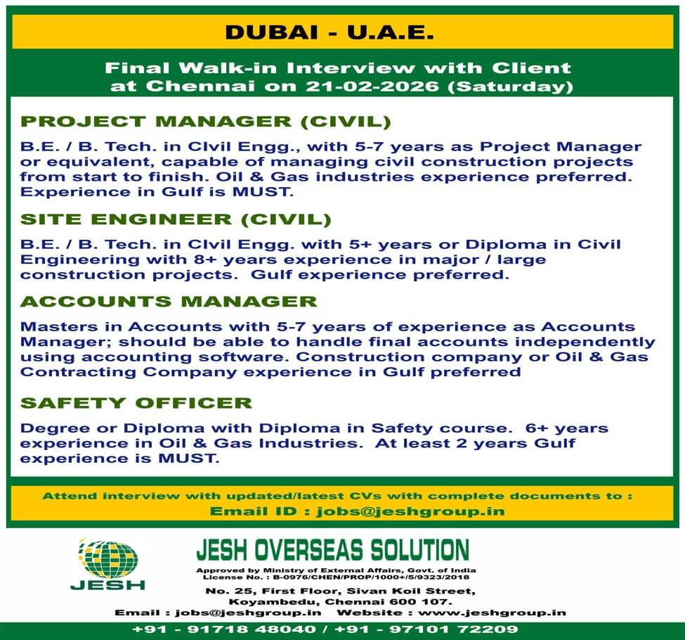 Project Manager (Civil), Site Engineer (Civil), Accounts Manager and Safety Officer