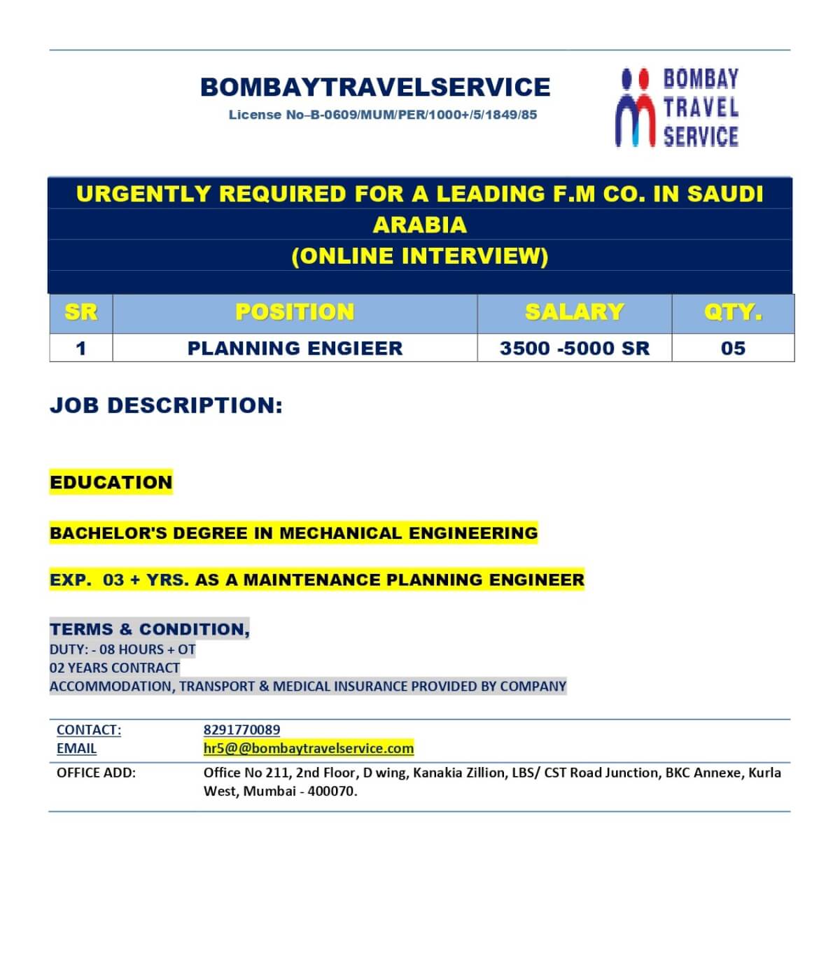 URGENTLY HIRING PLANNAING ENGINEER FOR SAUDI ARABIA