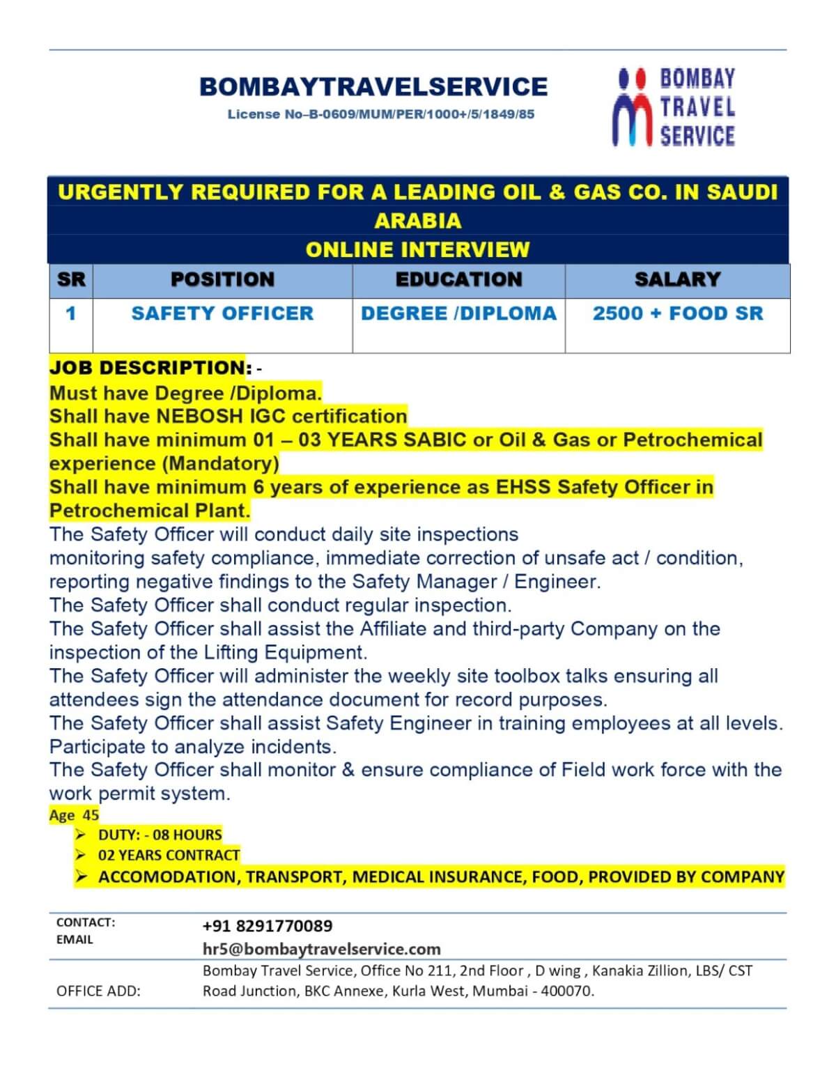 URGENTLY HIRING SAFETY OFFICE FOR SAUDI ARABIA