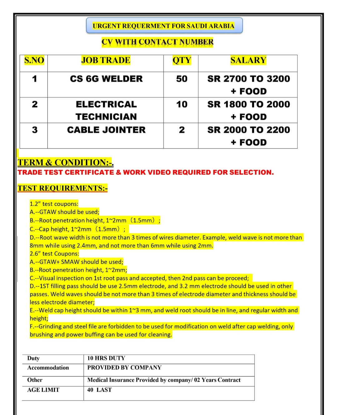HIRING FOR SAUDI ARABIA