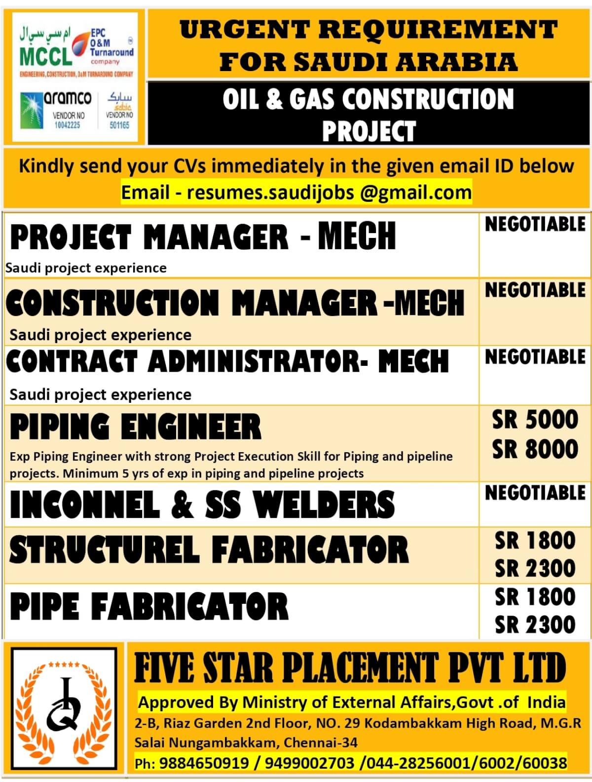 URGENTLY REQUIRED FOR SAUDI ARABIA