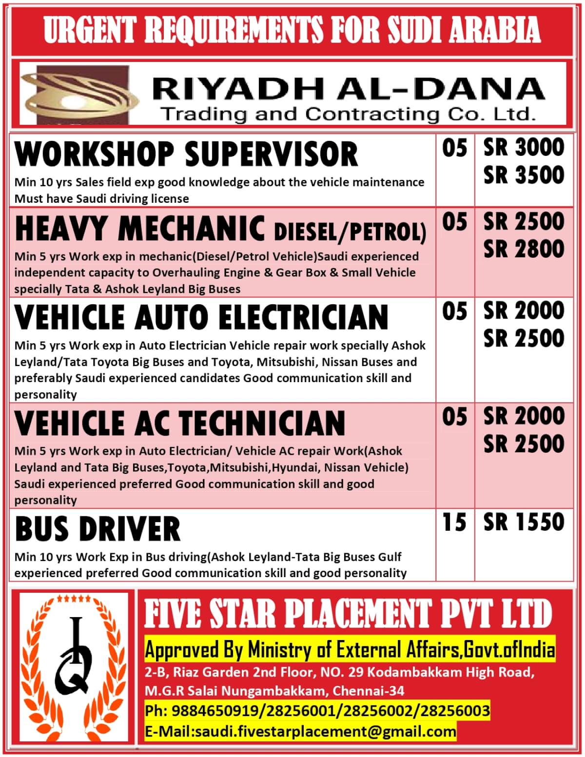 URGENTLY REQUIRED FOR SAUDI ARABIA