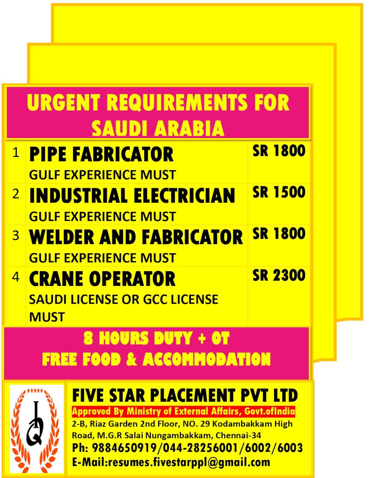 URGENTLY REQUIRED FOR SAUDI ARABIA