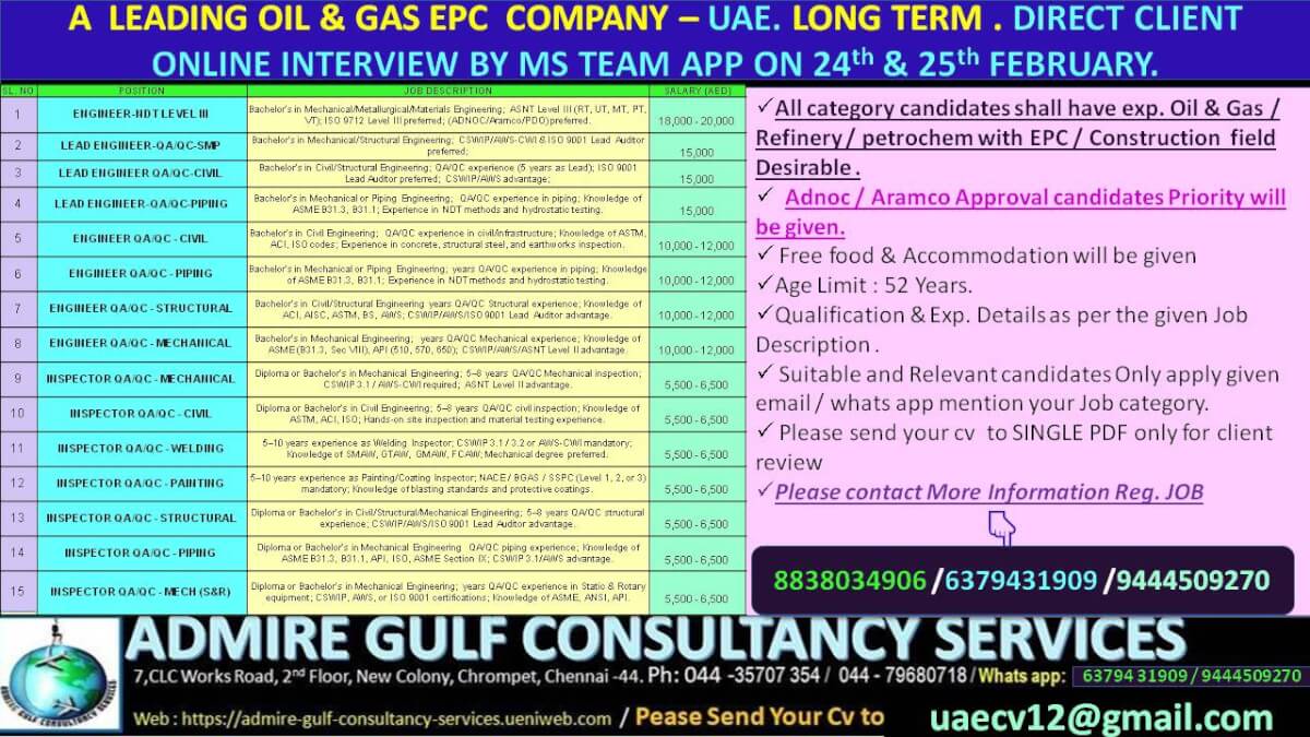 A LEADING OIL & GAS EPC COMPANY - UAE. LONG TERM . DIRECT CLIENT ONLINE INTERVIEW ON 24 &25th FEBRUARY 2026 A LEADING OIL & GAS EPC COMPANY - UAE. LONG TERM . DIRECT CLIENT ONLINE INTERVIEW ON 24 &25th FEBRUARY 2026