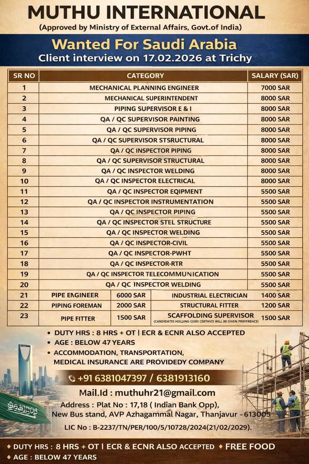 WANTED FOR SAUDI ARABIA WANTED FOR SAUDI ARABIA