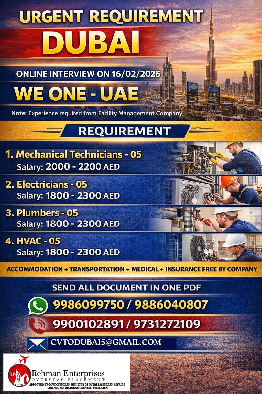 URGENT REQUIREMENT FOR WE ONE COMPANY IN DUBAI