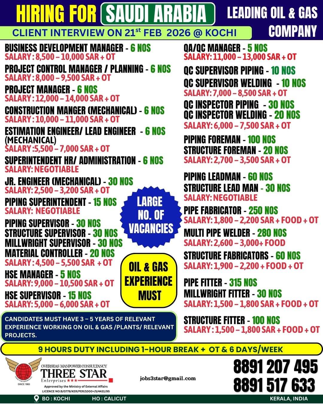 HIRING FOR SAUDI ARABIA LEADING OIL & GAS COMPANY