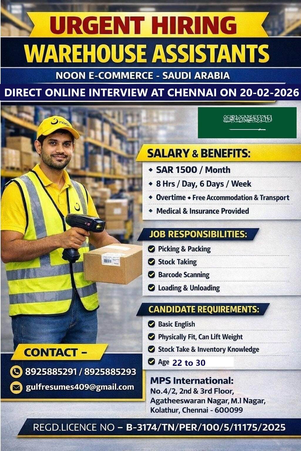 URGENT HIRING WAREHOUSE ASSISTANTS  NOON E-COMMERCE – SAUDI ARABIA  DIRECT ONLINE INTERVIEW AT CHENNAI ON 20-02-2026