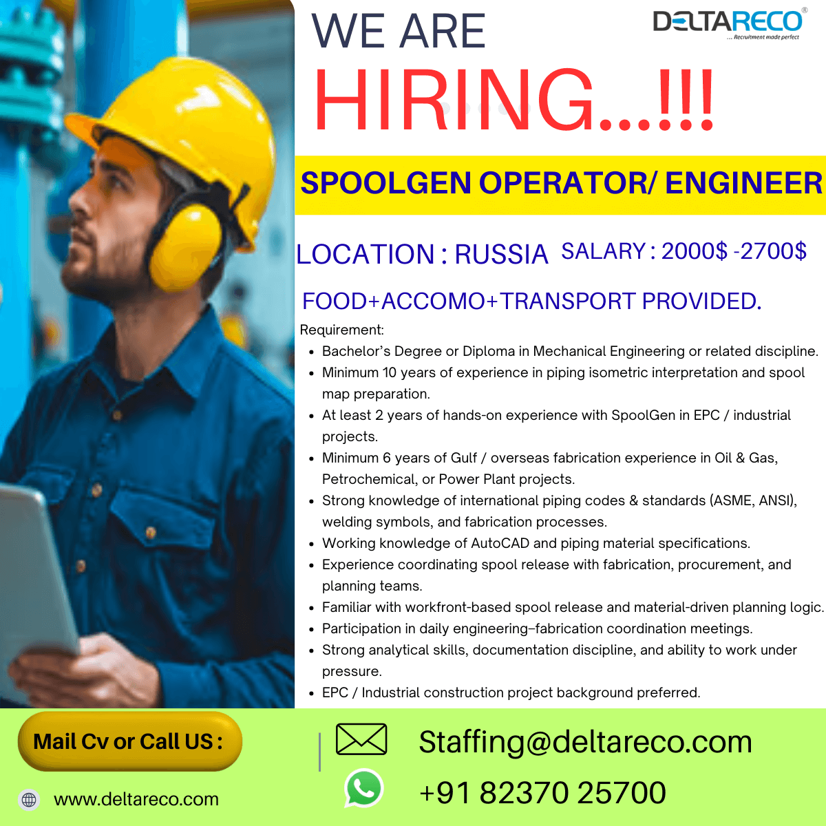 Hiring Spoolgen Piping Engineer for Russia Hiring Spoolgen Piping Engineer for Russia